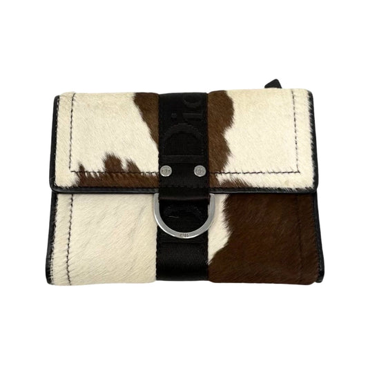 Dior Vintage Logo Cow Print Pony Calf Hair Mini Wallet Brown White 901888