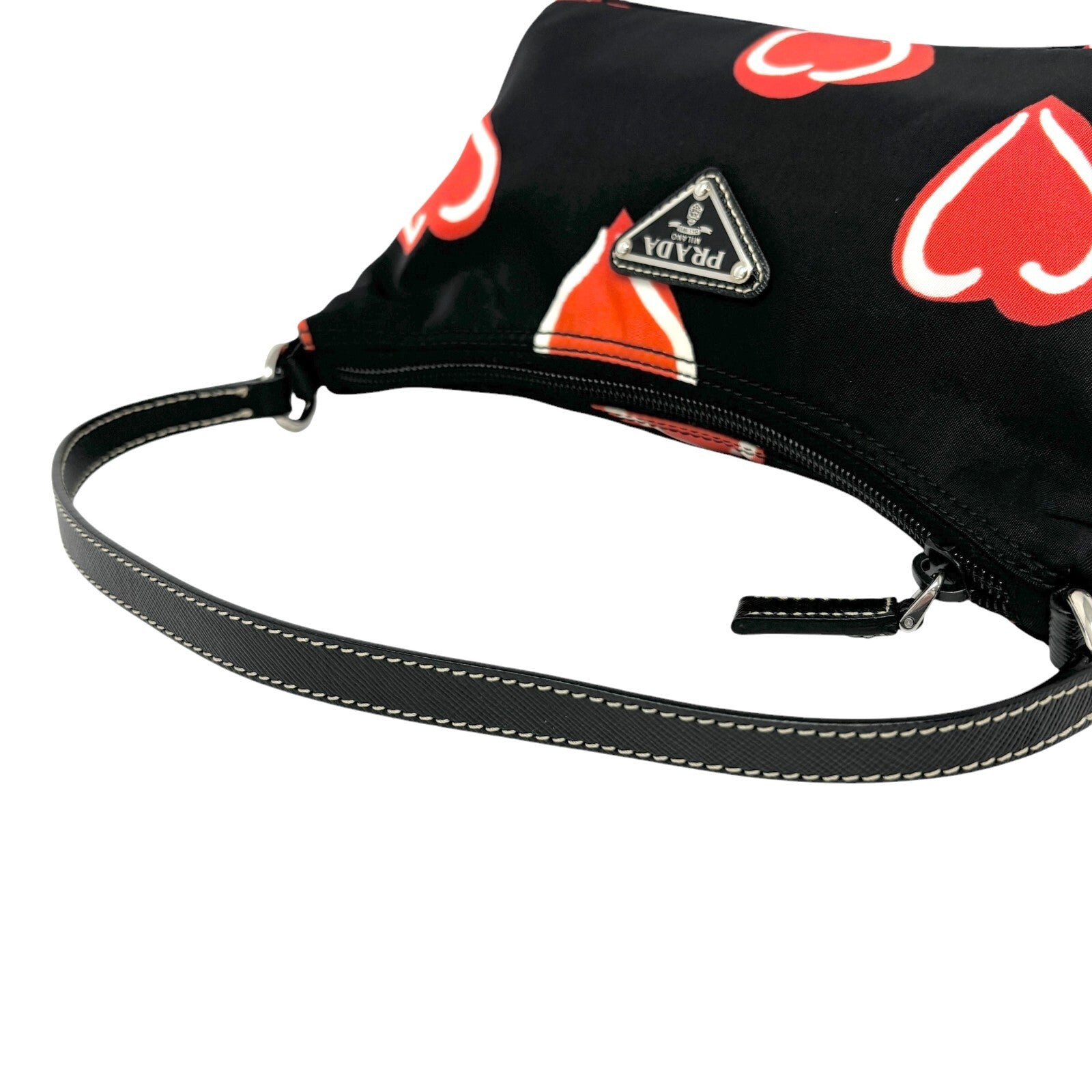 PRADA Vintage Logo Heart Pattern Shoulder Bag Pochette Black Red Nylon