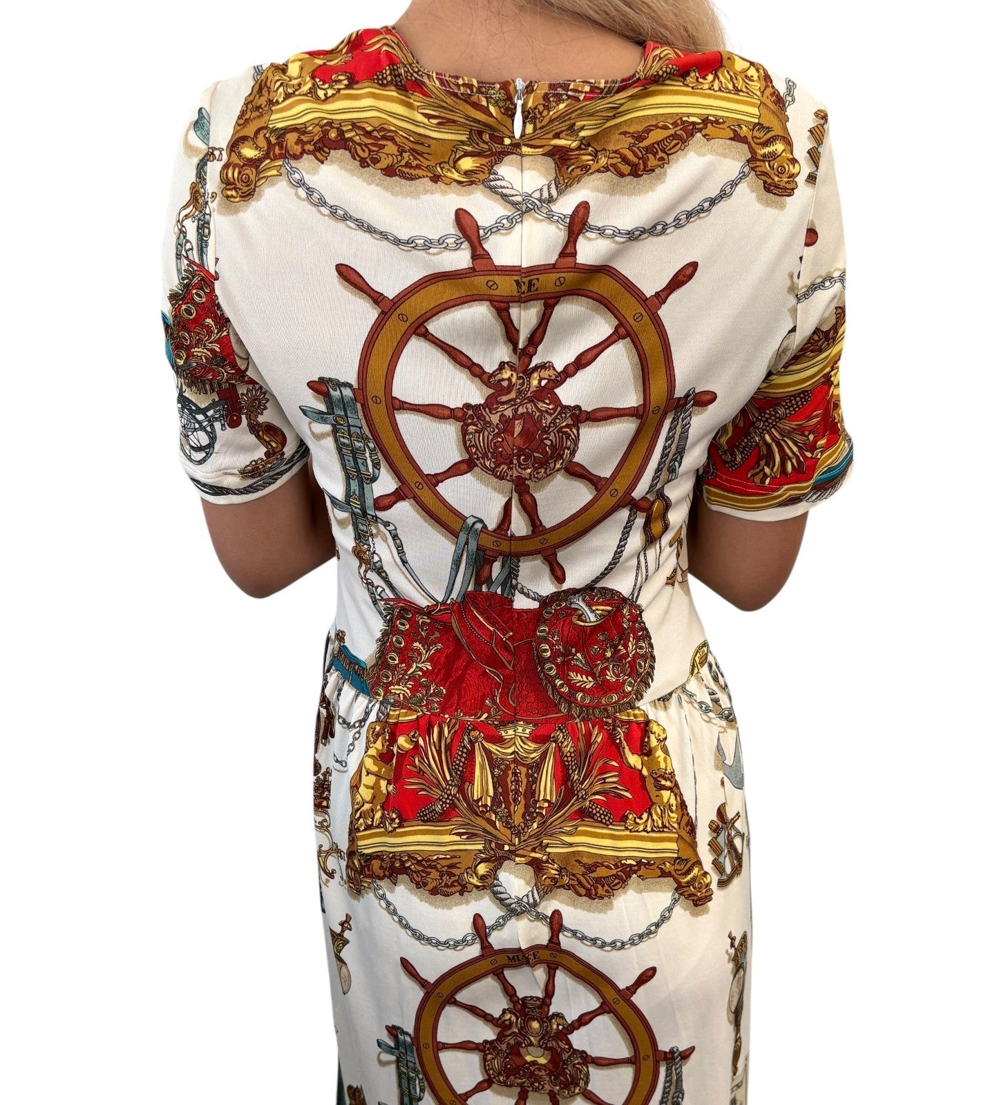 HERMES Vintage Nautical Wheel Print Silk Midi Dress Short Sleeve #XS White Gold
