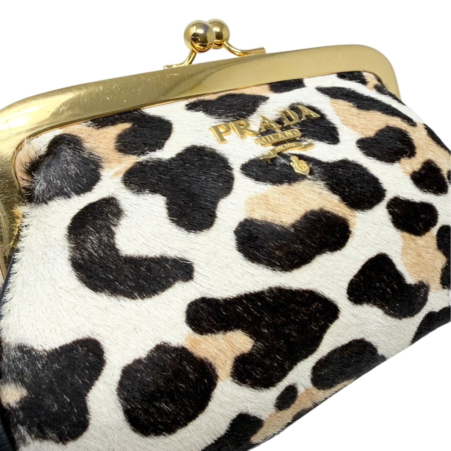 PRADA Vintage Logo Leopard Wallet Coin Purse Beige Black Pony Calf Hair 901841