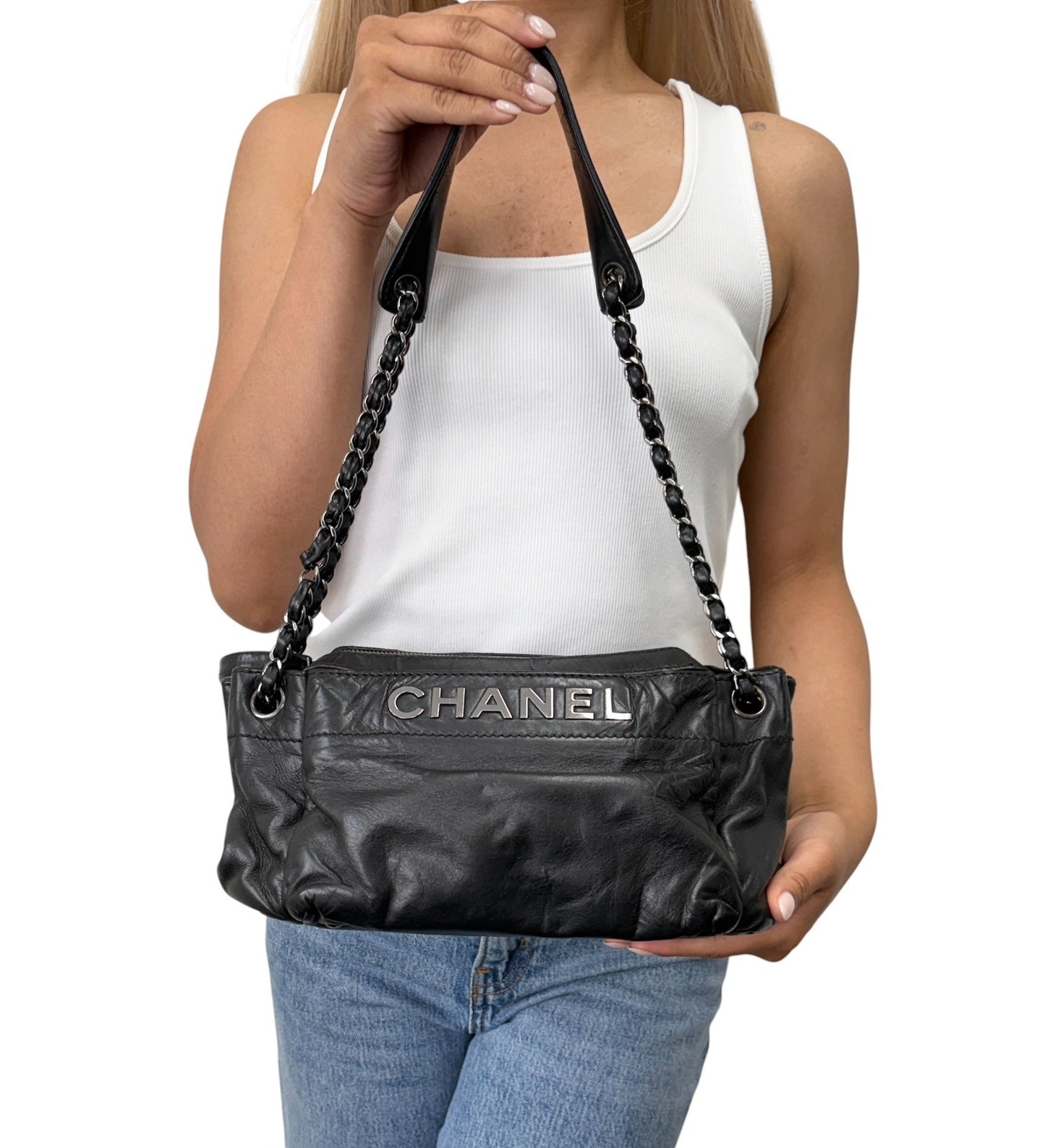 CHANEL Vintage Logo Plate Chain Shoulder Bag Black Silver Leather 902441