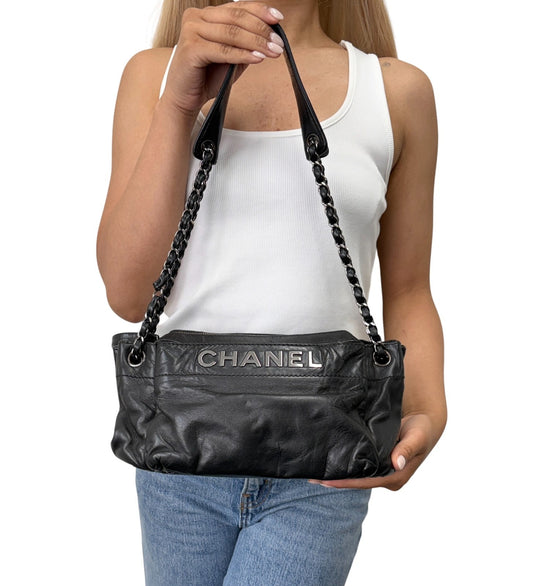 CHANEL Vintage Logo Plate Chain Shoulder Bag Black Silver Leather 902441