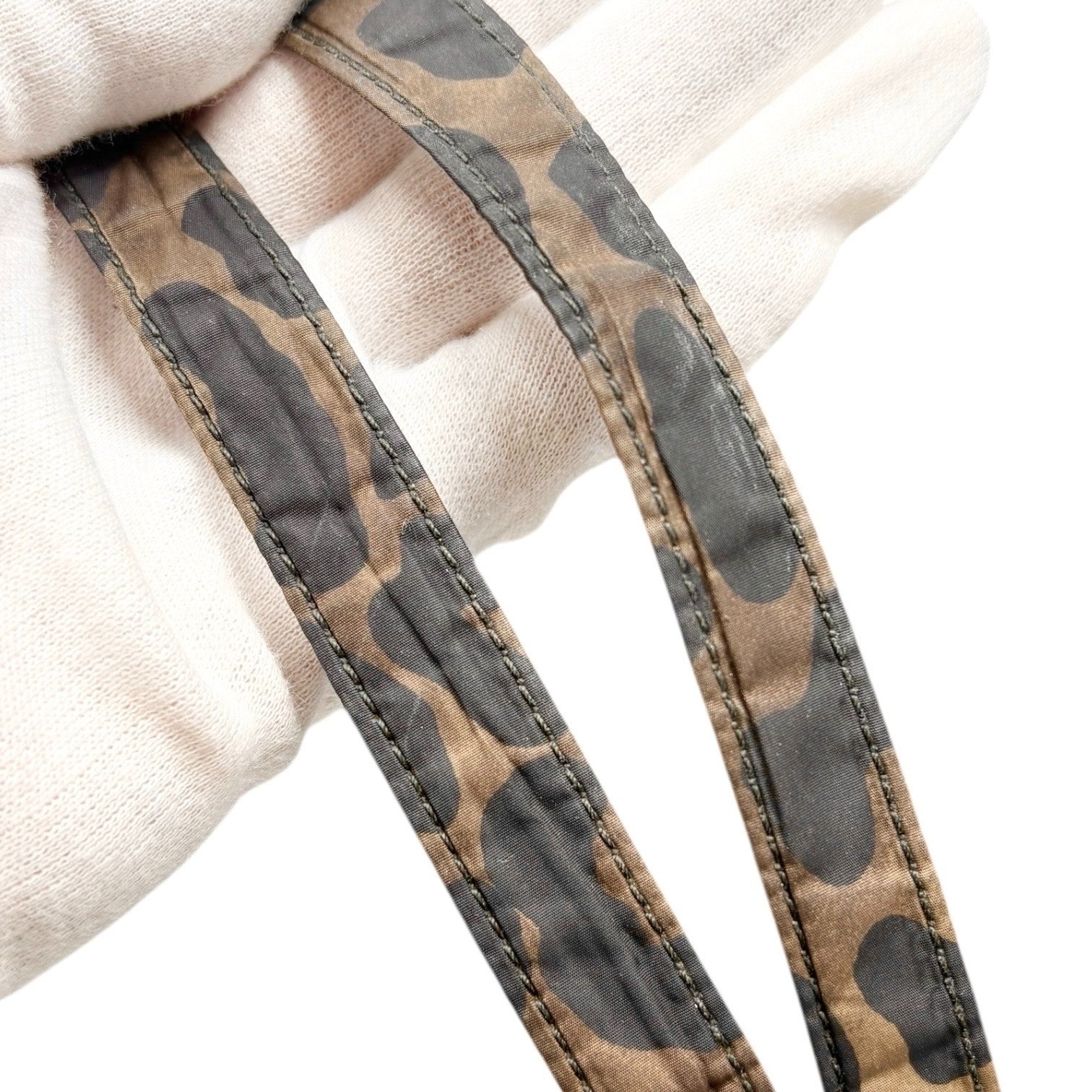 PRADA Vintage Logo Leopard Tote Shoulder Bag Khaki Black Silver Nylon Leather