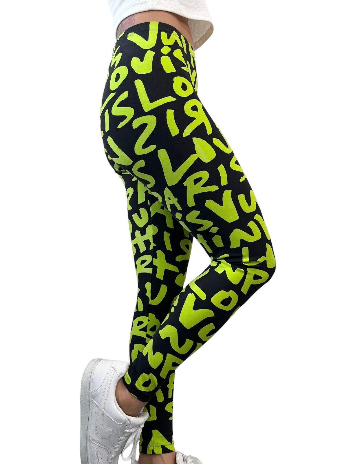 LOUIS VUITTON Vintage Graffiti Leggings #34 Pants Green Black Nylon Rank AB