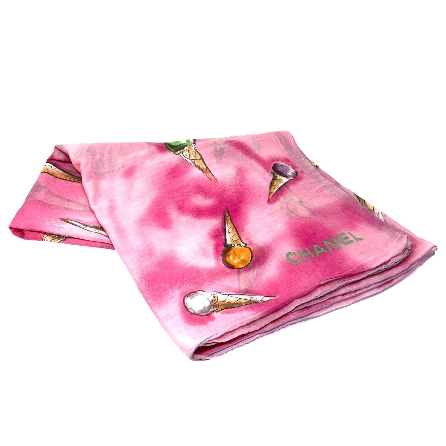 CHANEL Vintage Logo Ice Cream Print Wrap Pareo Big Scarf Dress Cotton Pink
