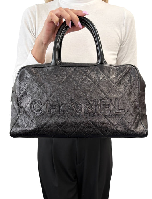 CHANEL Vintage CC Big Logo Quilted Leather Bowling Boston Bag Black Silver