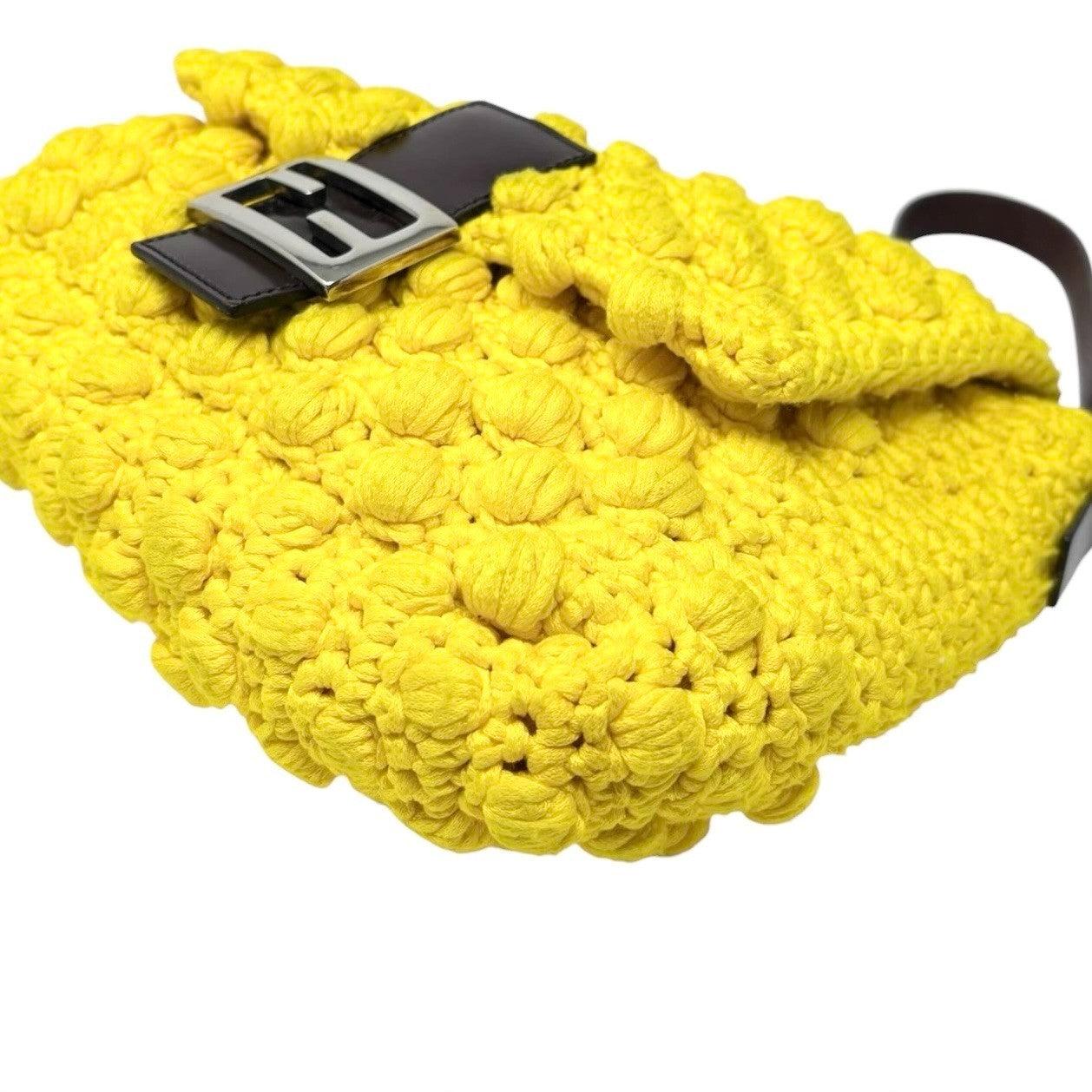 FENDI Vintage Logo Mamma Baguette Knit Shoulder Bag Yellow Brown 901876