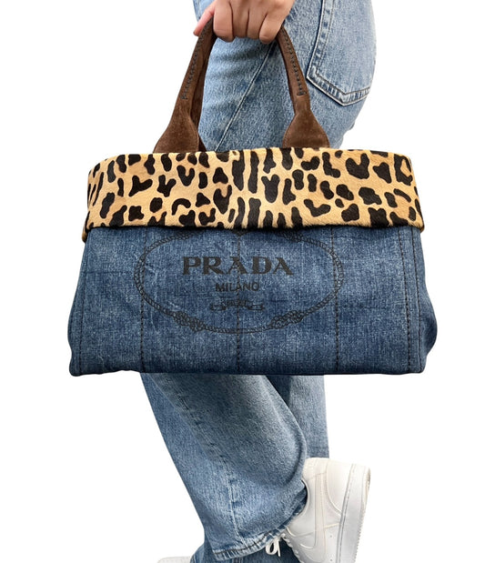 PRADA Vintage Canapa Big Logo Denim Leopard Pony Hair Tote Bag Blue 902547