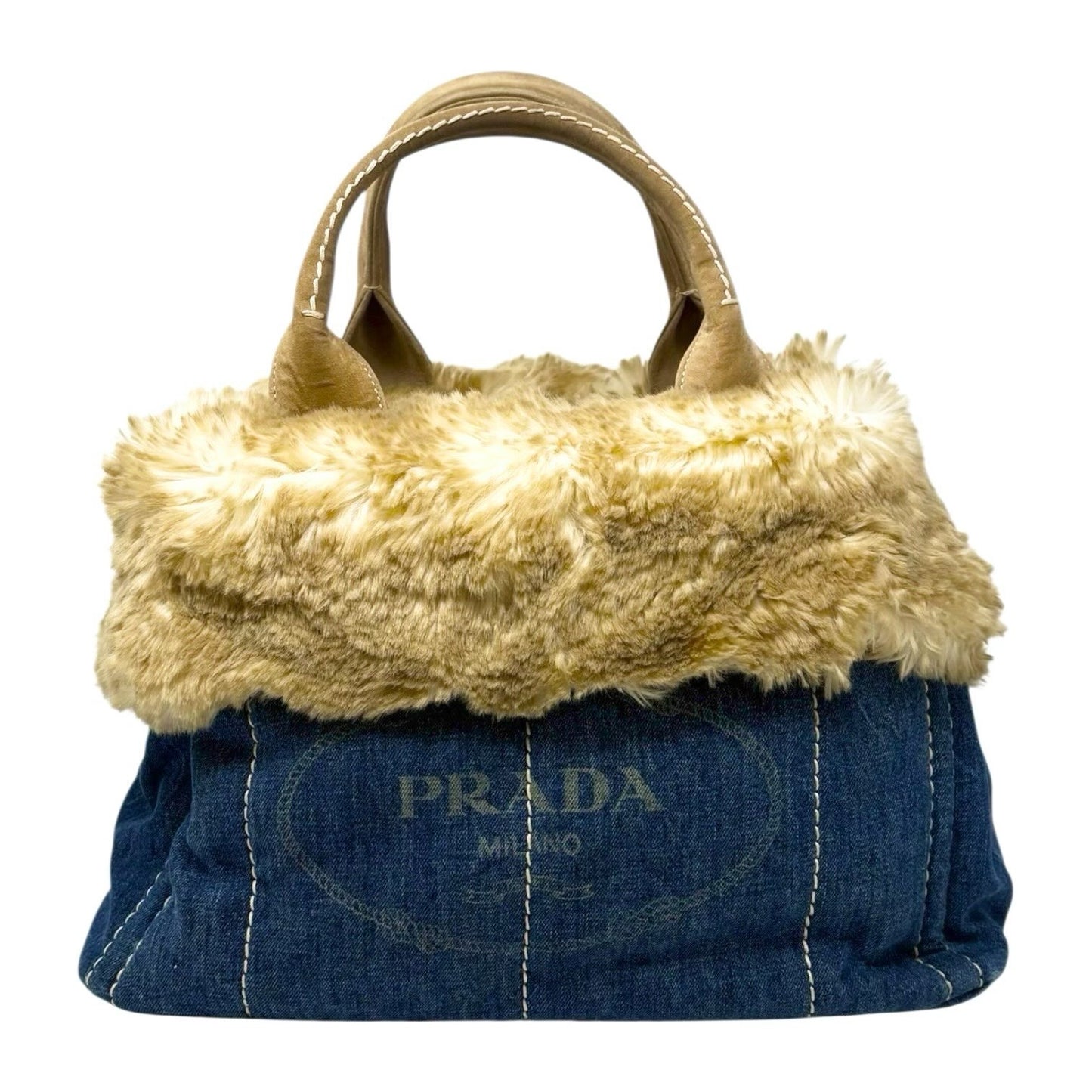 PRADA Vintage Canapa Big Logo Denim Tote Bag Blue Cream Suede Stitch