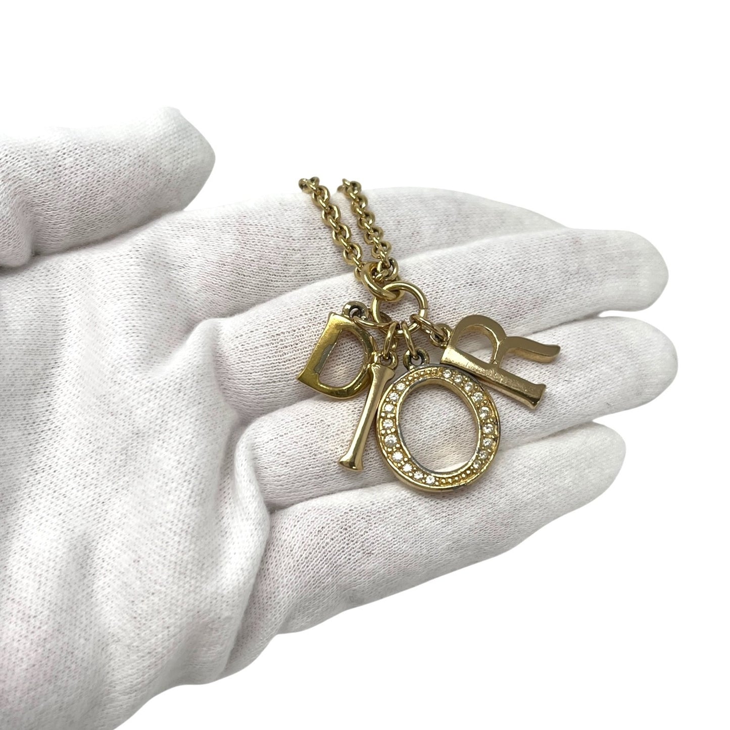 Christian Dior Vintage CD Logo Rhinestone Pendant Necklace Gold Metal 901973