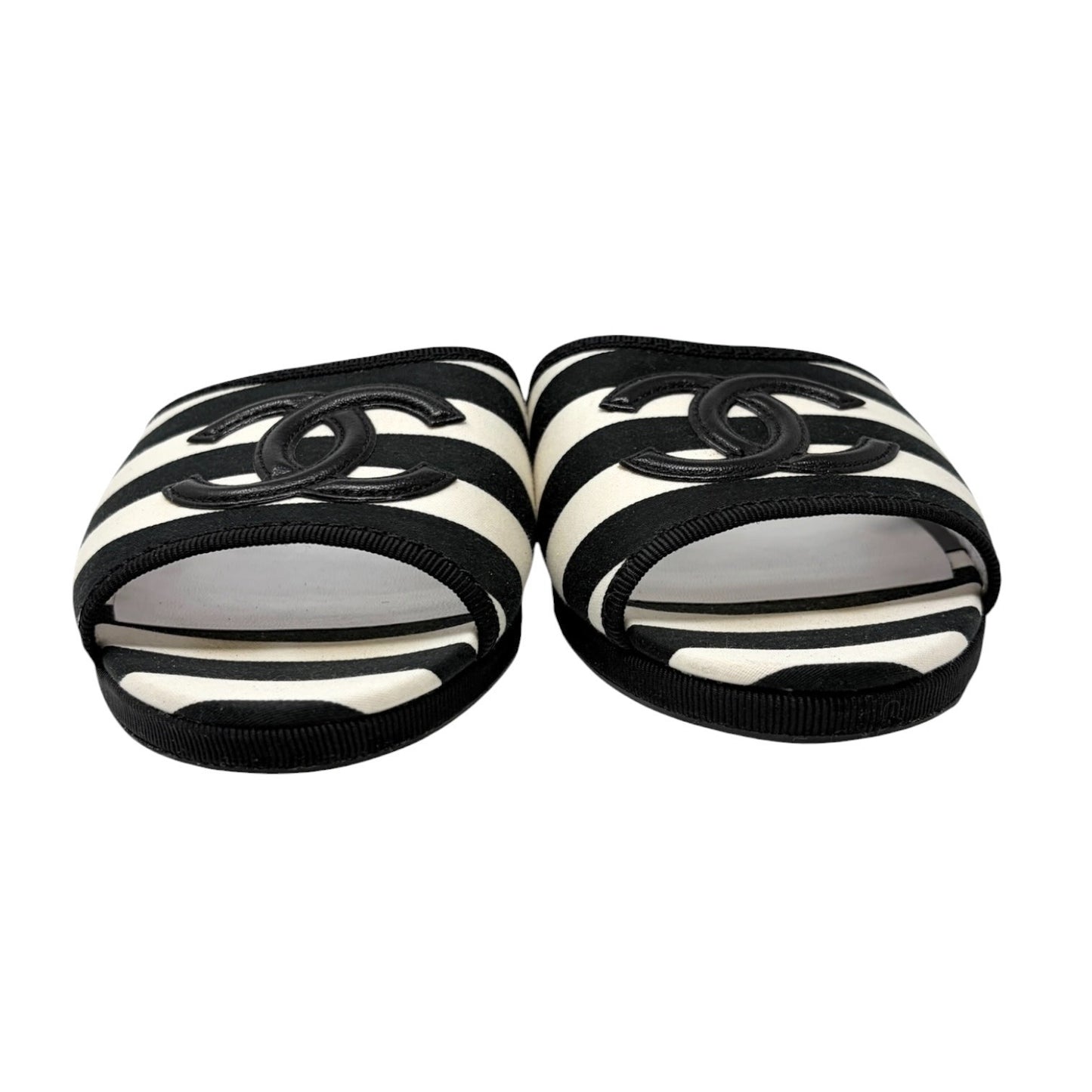 CHANEL Vintage CC Stripe Flat Slide Sandals #37 Black Cotton Leather 902236