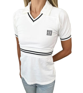 CHANEL Sport Vintage 04S CC Logo Polo Tunic #34 Top White Black Cotton Rank AB