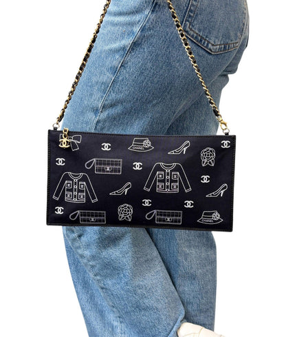 CHANEL Vintage CC Logo Icon Print Canvas Shoulder Bag Pochette Dark Blue Chain