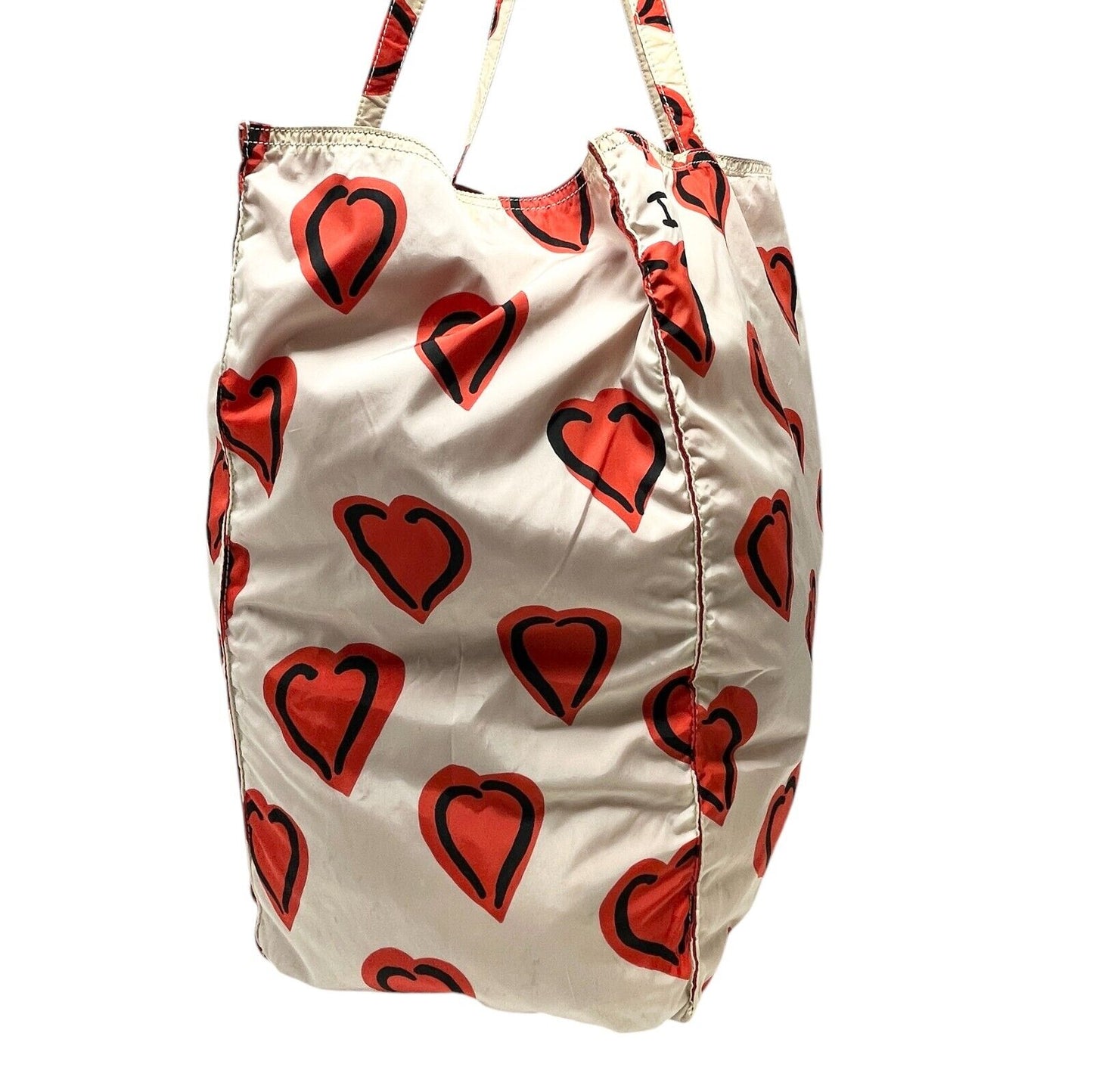 PRADA Vintage Logo Heart Pattern Tote Bag Handbag White Red Black Silver Nylon