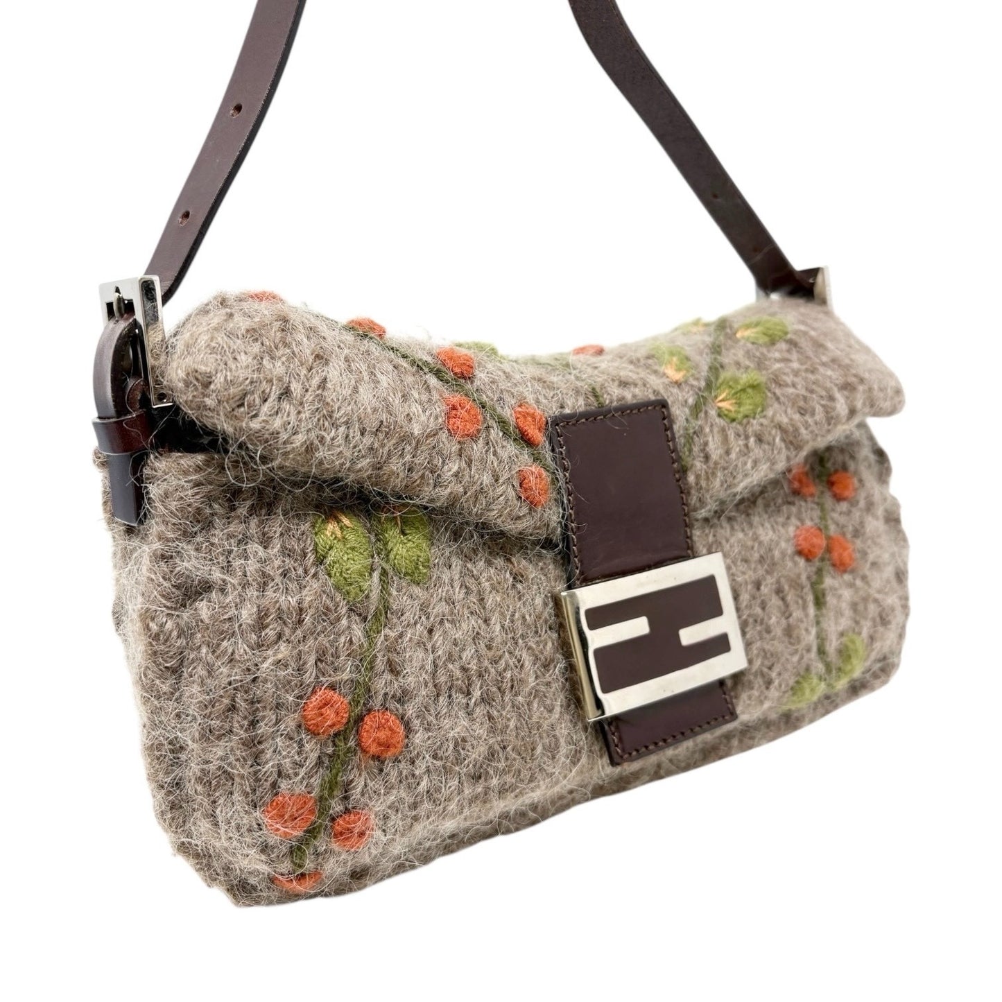 FENDI Vintage FF Mamma Baguette Wool Knit Shoulder Bag Gray Brown Flower