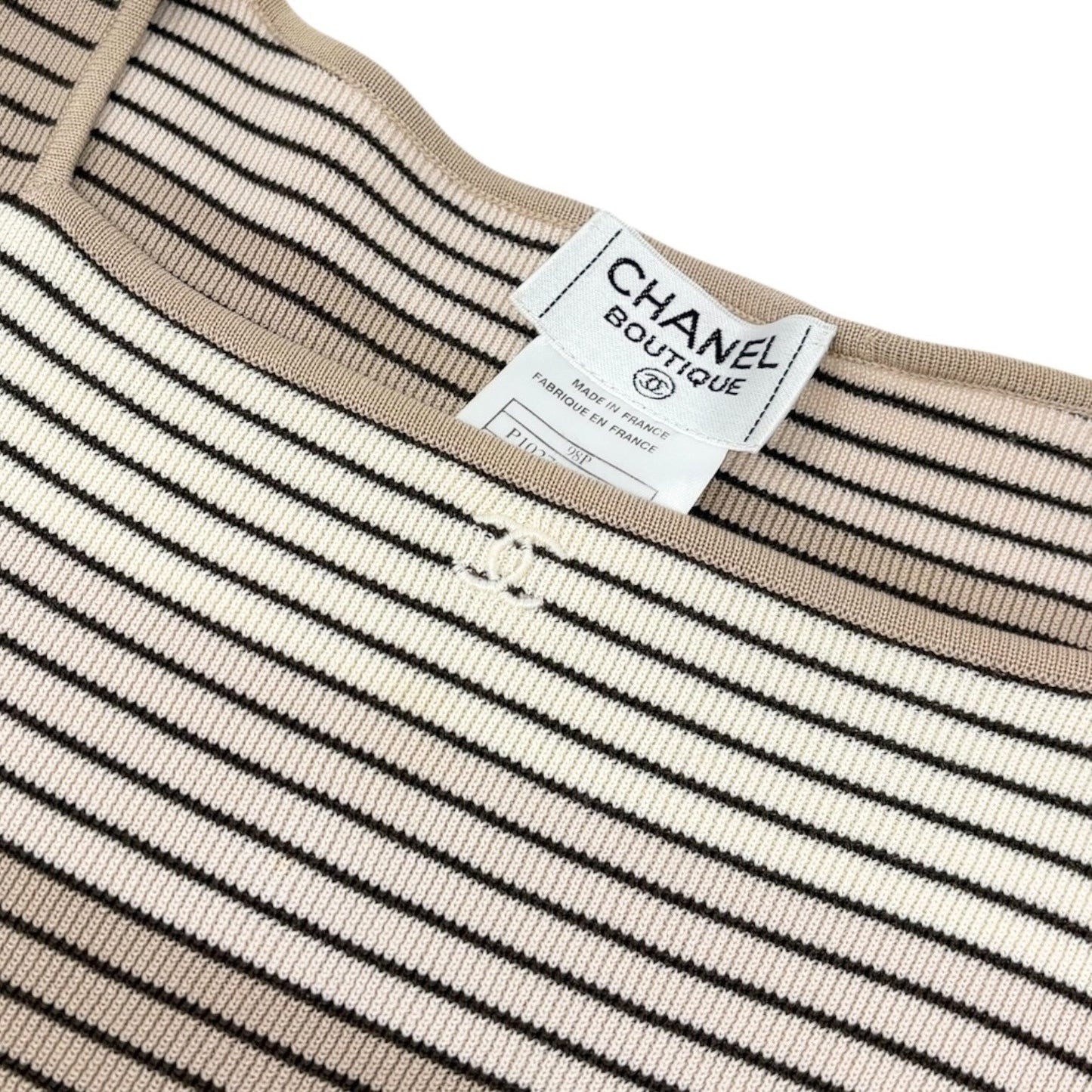 CHANEL Vintage 98P CC Mark Logo Stripe Knit T-shirt Top #36 Beige Brown Pullover
