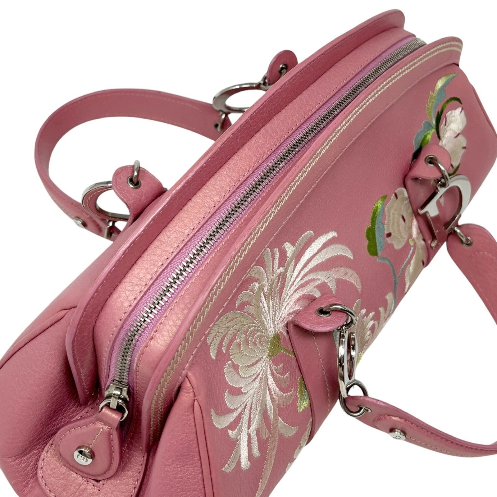 Christian Dior Vintage 2005 Logo Embroidered Mini Boston Bag Pink Silver Leather
