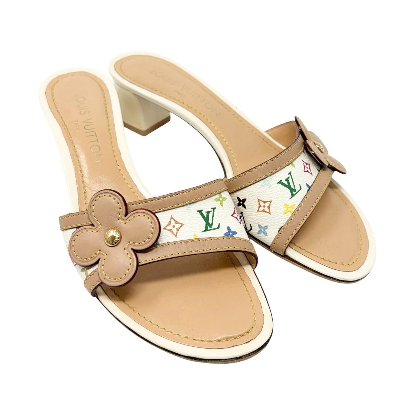 LOUIS VUITTON Vintage Monogram Multicolor Flower Sandals Heels #37.5 902031