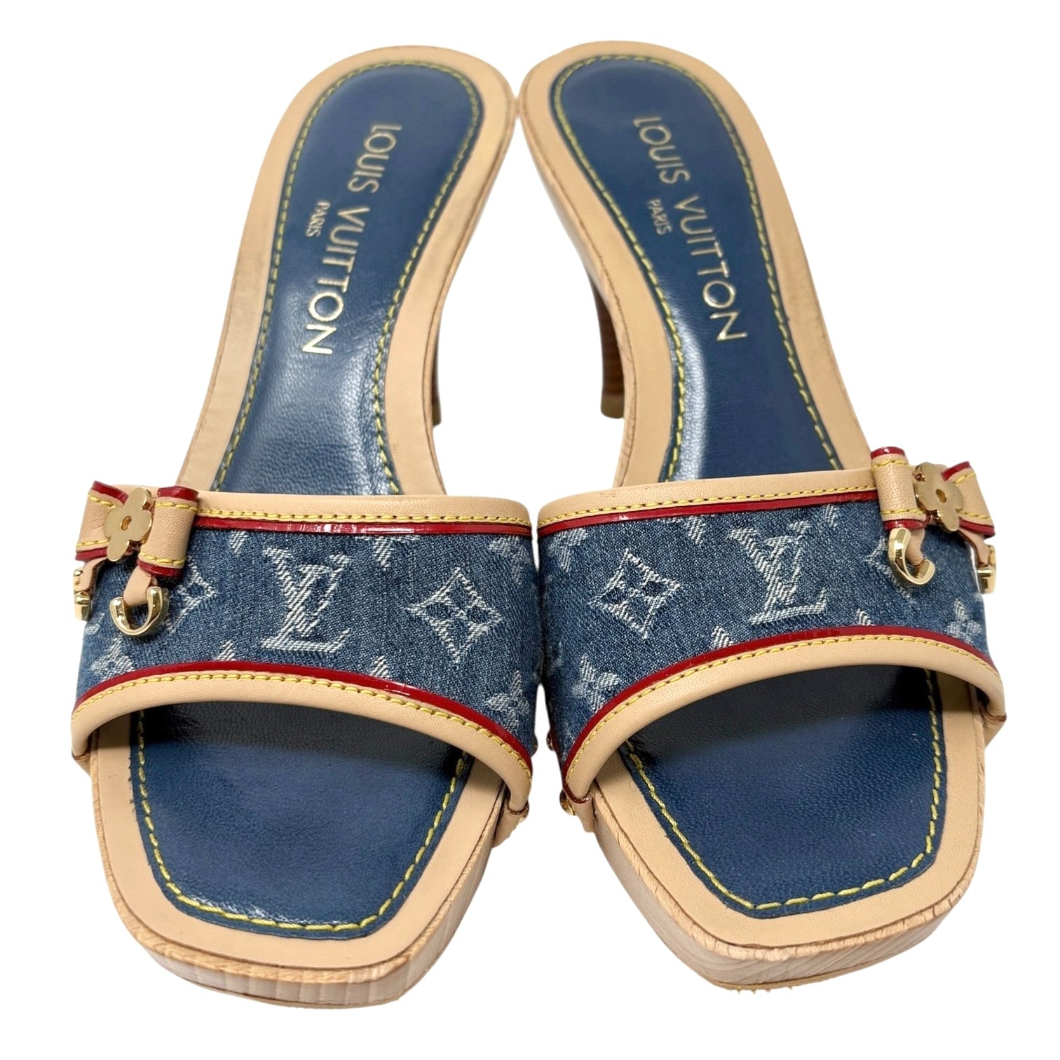 LOUIS VUITTON Vintage Monogram Denim Heels Sandals #36 Blue Beige Ribon