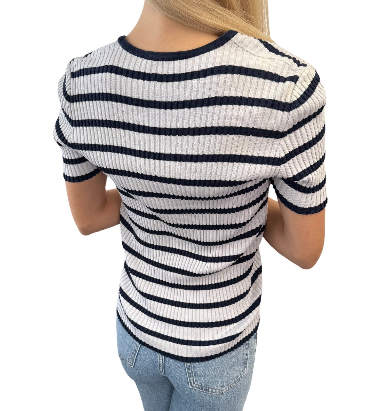 CHANEL Vintage 98P CC Logo Stripe Rib Knit T-shirt Top #40 Blue Cotton 902587