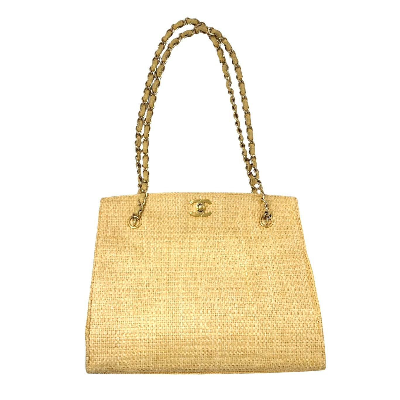 CHANEL Vintage 90s CC Logo Chain Shoulder Bag Cream Gold Straw