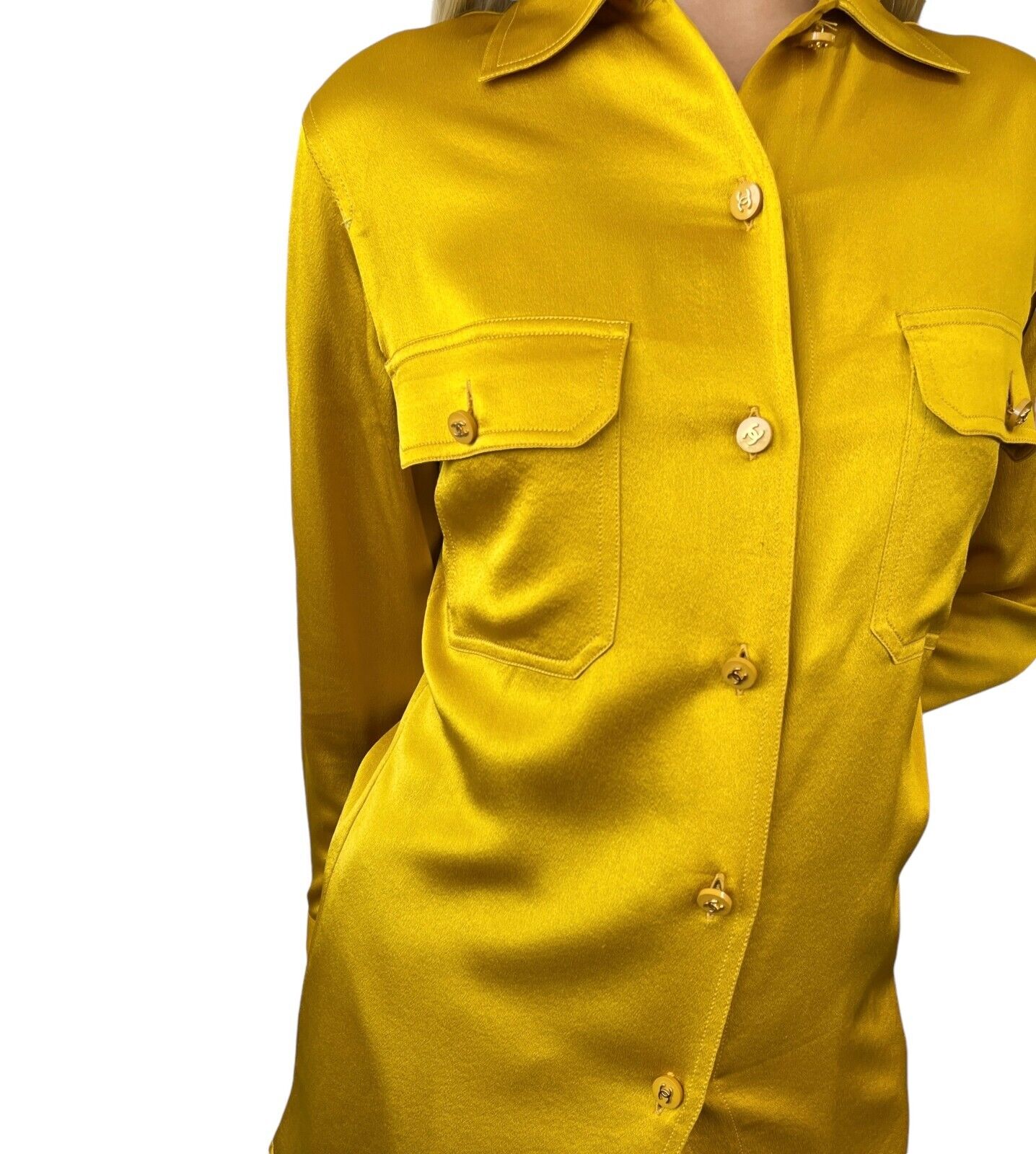 CHANEL Vintage CC Logo Shirt Top Button Up Pocket Yellow Gold Silk Rank AB