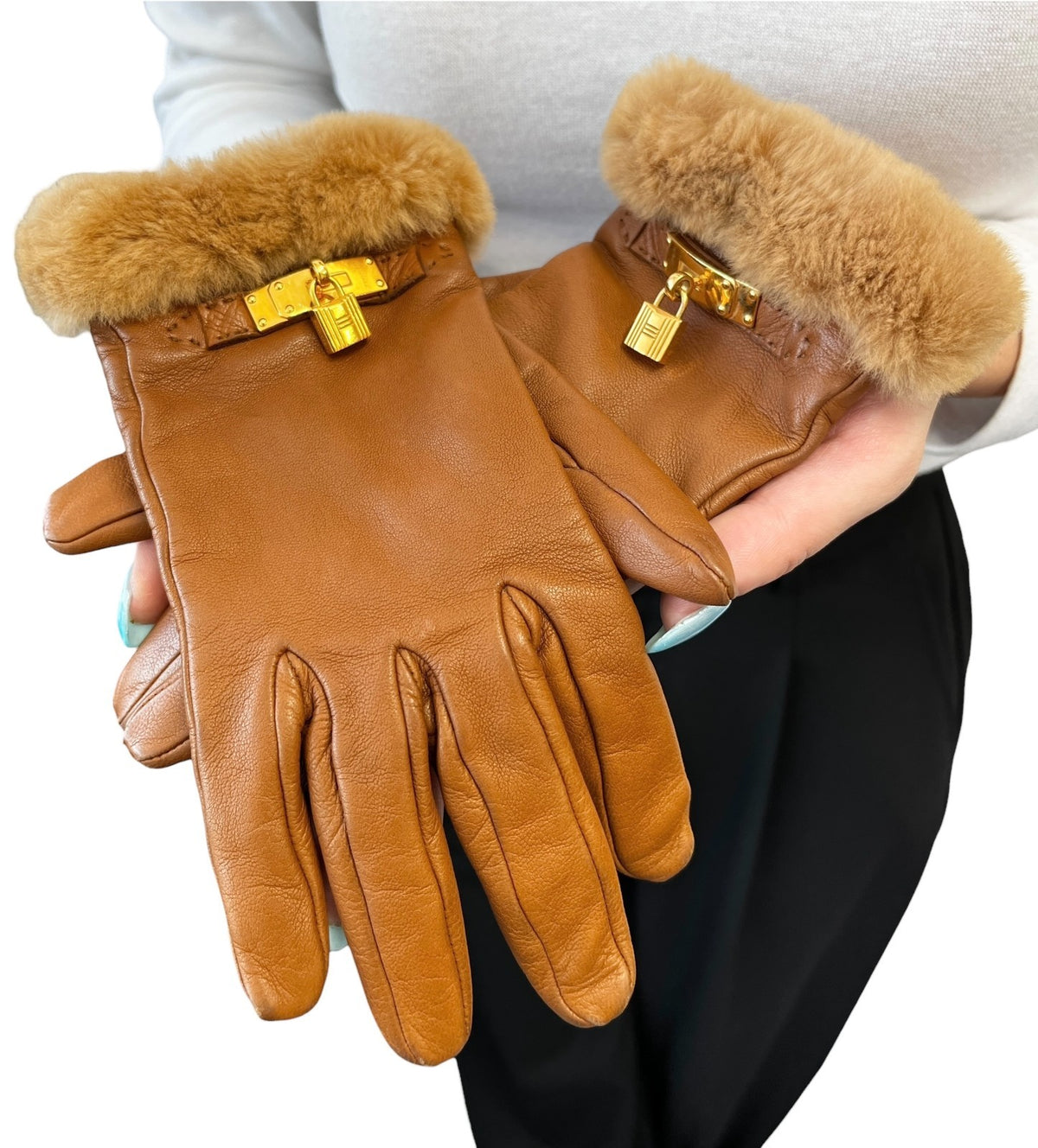HERMES Vintage Kelly Cadena Fur Trim Lambskin Leather Gloves #7.5 Brown 902357