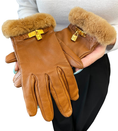 HERMES Vintage Kelly Cadena Fur Trim Lambskin Leather Gloves #7.5 Brown 902357