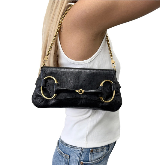 GUCCI Vintage Horsebit Chain Mini Shoulder Bag Leather Black Gold 902408