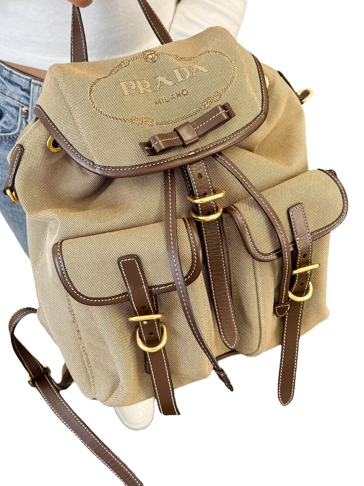 PRADA Vintage Logo Jacquard Backpack Brown Gold Canvas Leather Magnetic Zip