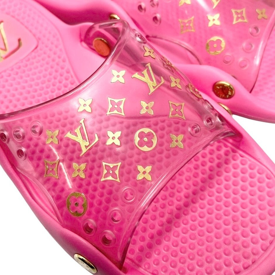 LOUIS VUITTON Vintage Lv Logo Monogram Beach Sandals #36-36.5 Pink Gold Rubber