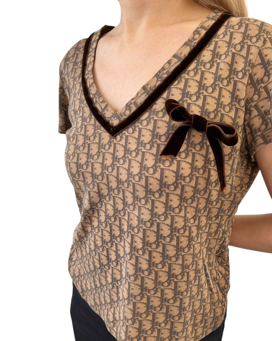 Christian Dior Vintage 2005 Trotter Monogram V-neck T-shirt #40 Top Brown Ribbon