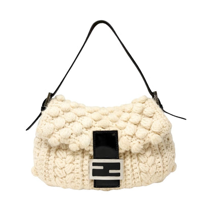 FENDI Vintage FF Logo Wool Knit Mamma Baguette Shoulder Bag Cream Brown 902054