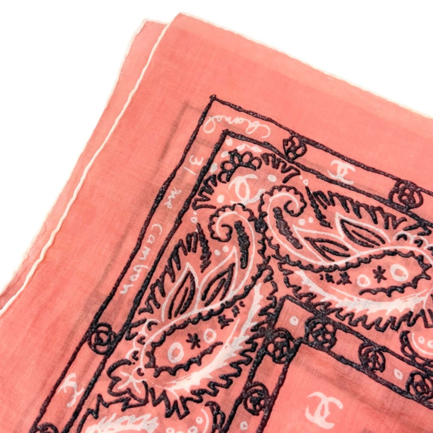 CHANEL Vintage CC Logo Paisely Print Scarf Salmon Pink Black Cotton 901810