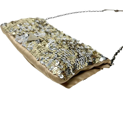PRADA Vintage Triangle Logo Sequins Shoulder Bag Pochette Handbag Gold 902280