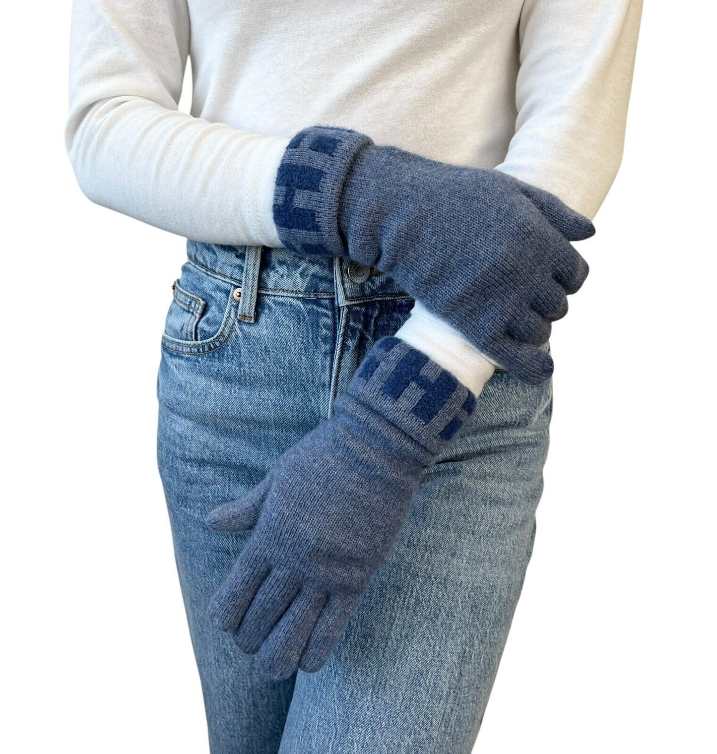 HERMES Vintage H Logo Gloves #S Knit Fashion Winter Accessory Blue Cashmere