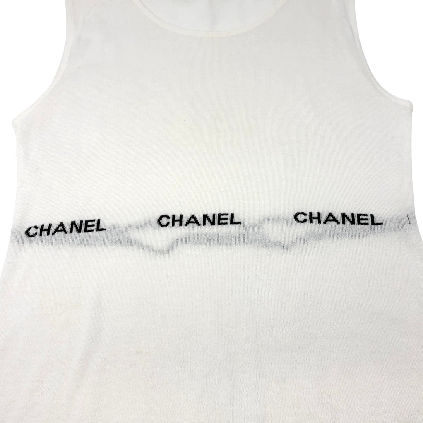 CHANEL Vintage 04P Logo Letter Knit Tank Top #38 White Black Cotton 902554
