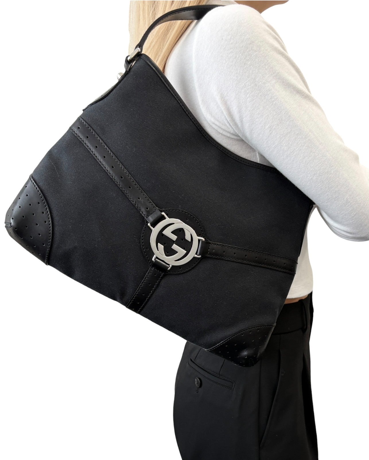 GUCCI Vintage Interlocking G Reins Perforated Cotton Hobo Bag Black Silver