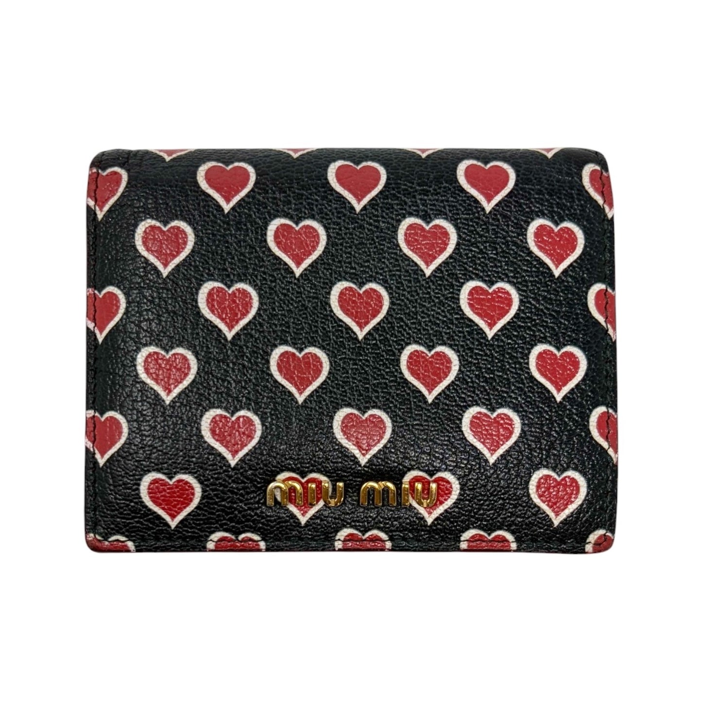 miumiu Vintage Logo Heart Print Mini Bifold Wallet Black Red Leather 901983