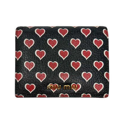 miumiu Vintage Logo Heart Print Mini Bifold Wallet Black Red Leather 901983