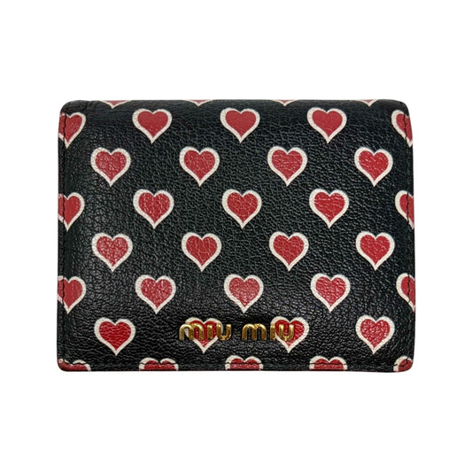 miumiu Vintage Logo Heart Print Mini Bifold Wallet Black Red Leather 901983