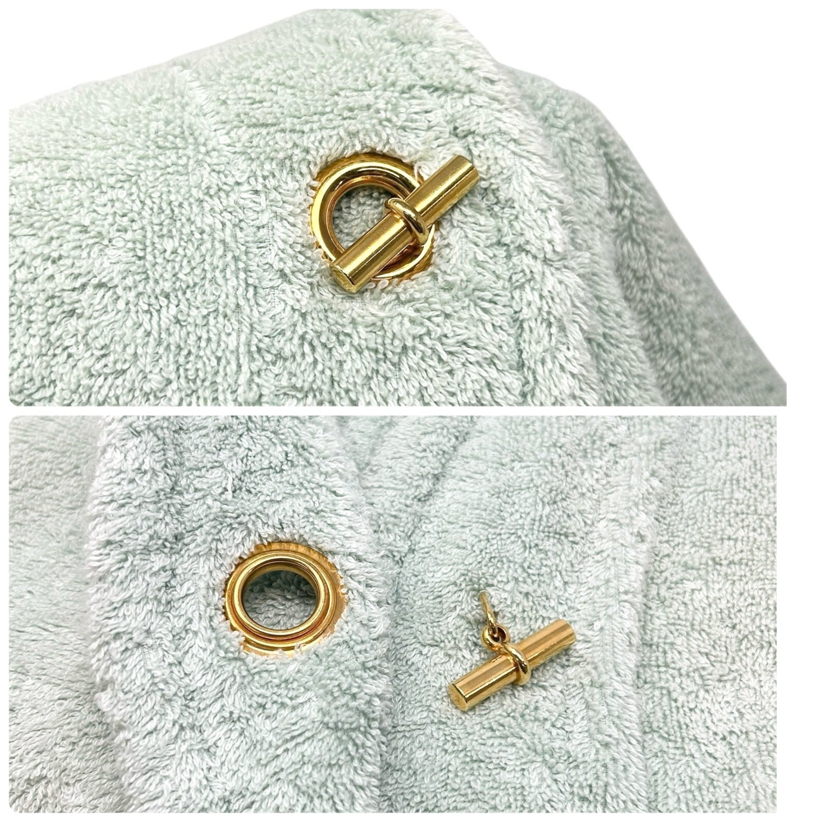 HERMES Vintage Logo Echapee Toggle Button Bathrobe #XS Green Cotton Terry Cloth