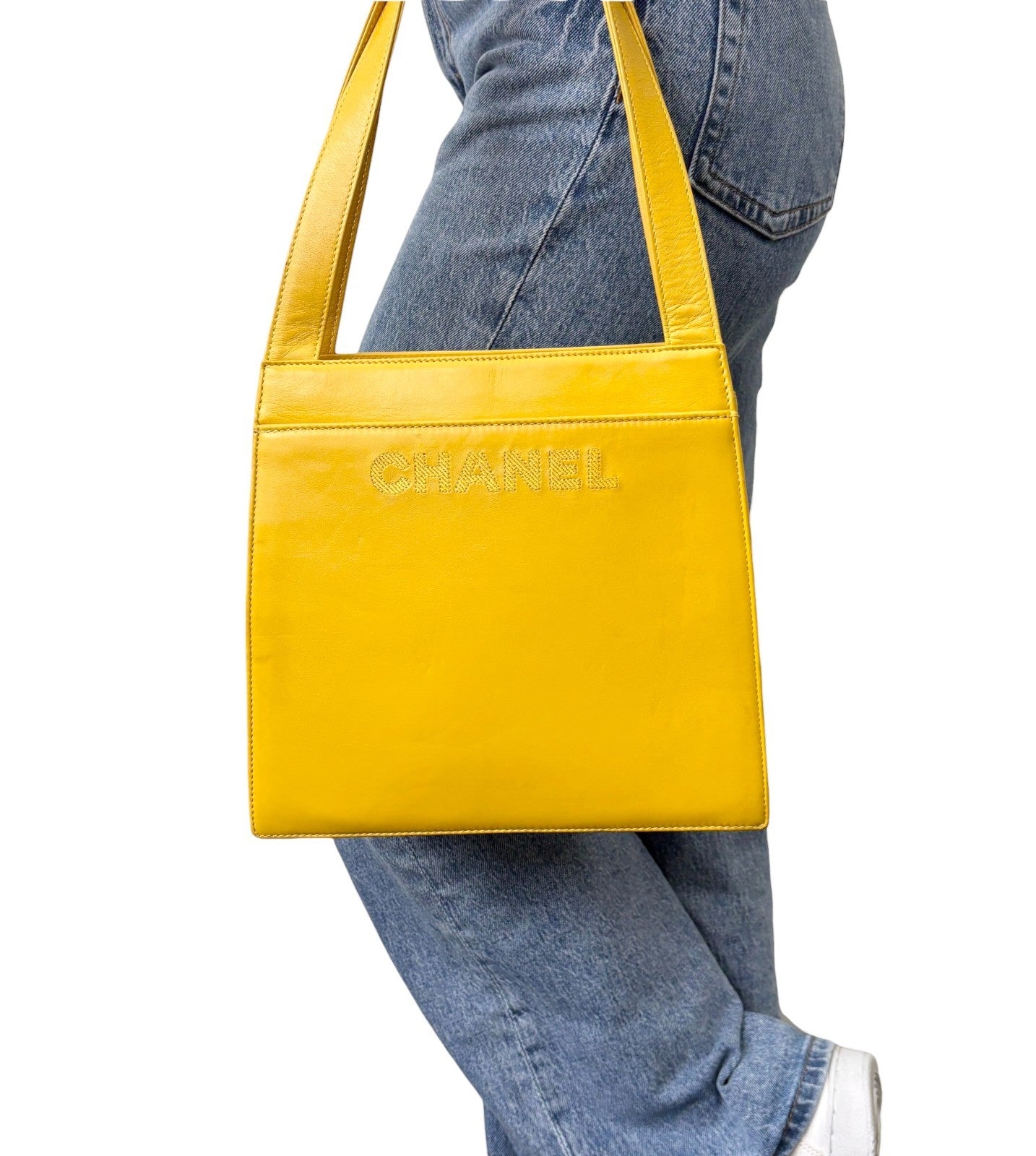 CHANEL Vintage Stitch CC Logo Tote Shoulder Bag Yellow Leather Zip 901884