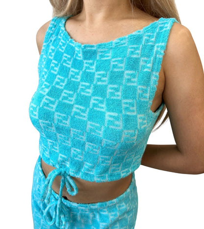 FENDI Vintage Zucchino Monogram Tank Top Short Pants Set #40 #44 Cropped Blue