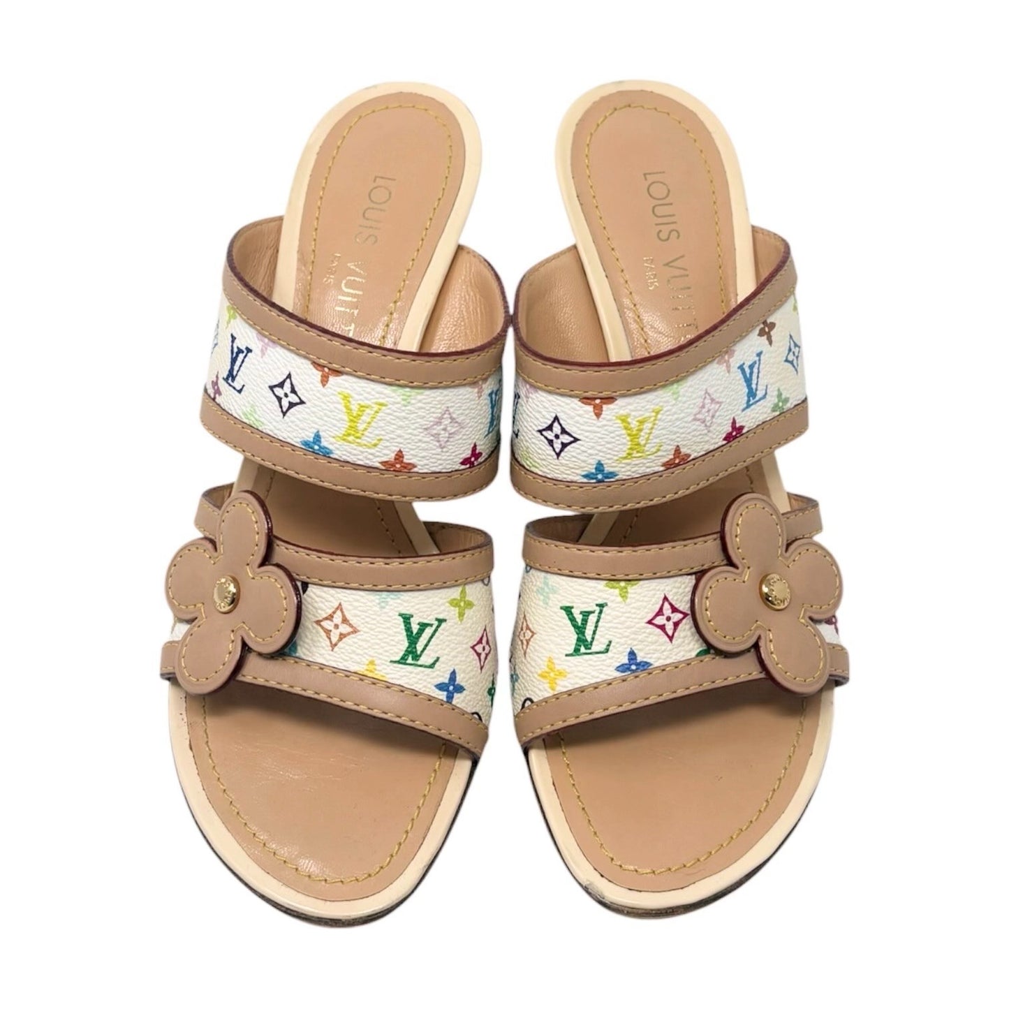 LOUIS VUITTON Vintage Monogram Multicolor Flower Sandals Heels #37 White 902261