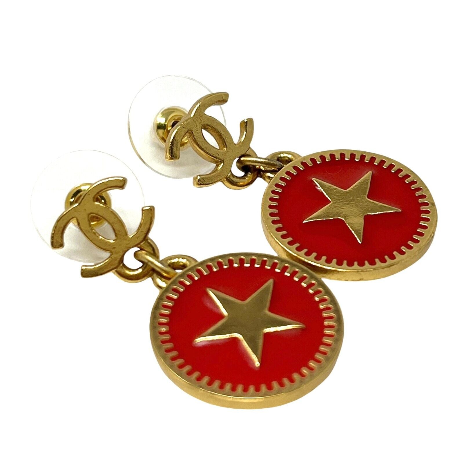 CHANEL Vintage 01P CC Logo Star Studded Earring Gold Red Accessory Rank AB+