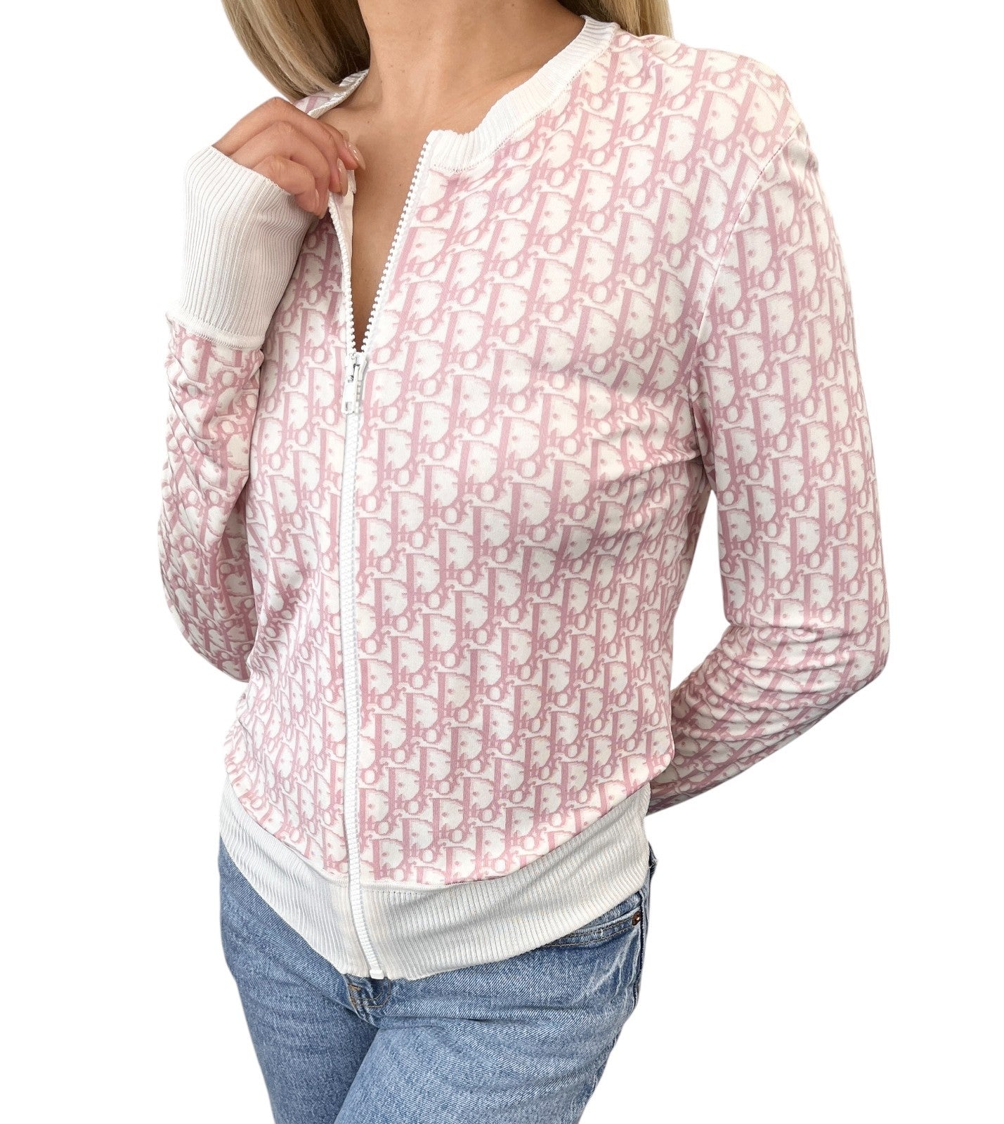 Dior Vintage 2004 Trotter Monogram Zipped Jacket #36 Pink White Viscose