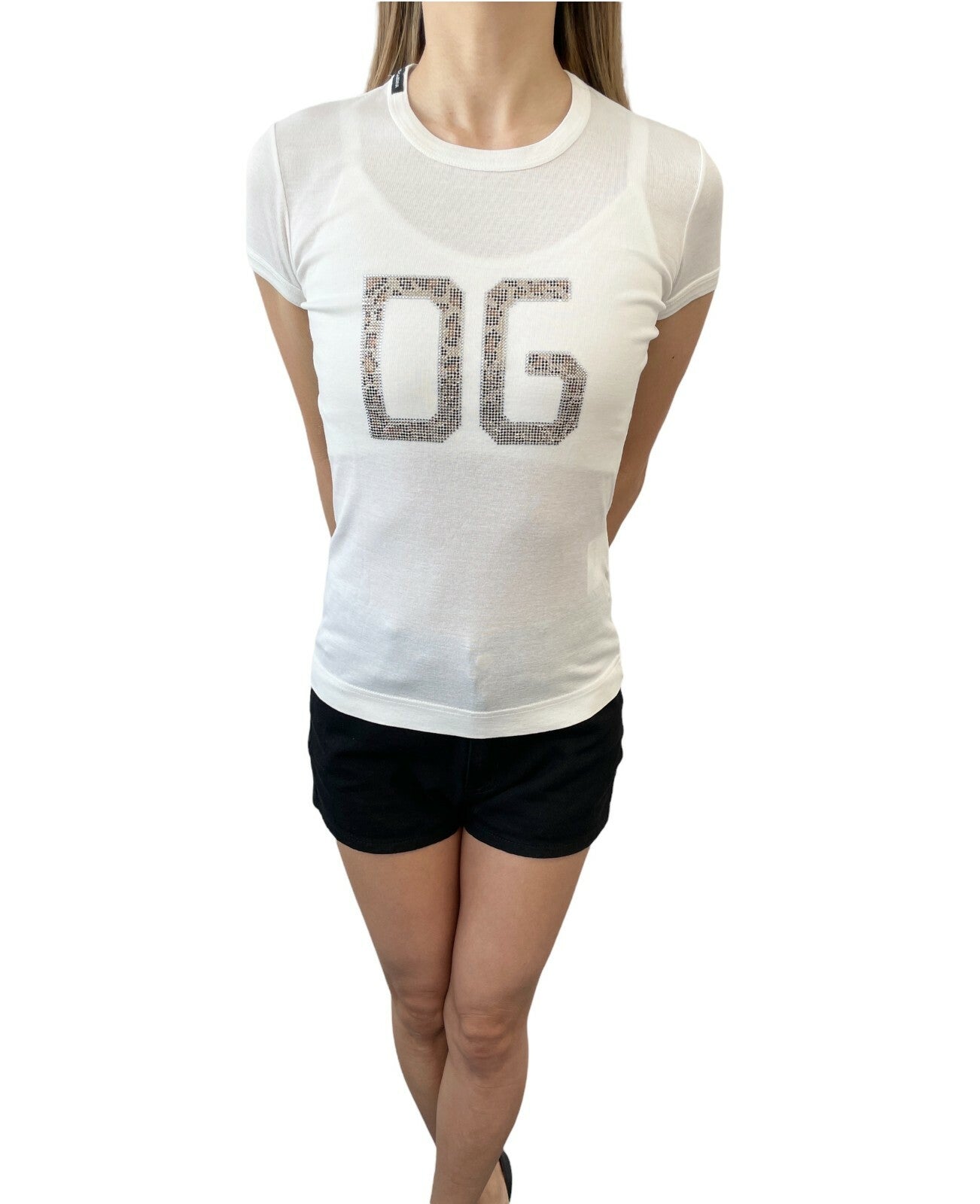 DOLCE&GABBANA Vintage Leopard Rhinestone T-shirts #38 Top White Cotton RankAB