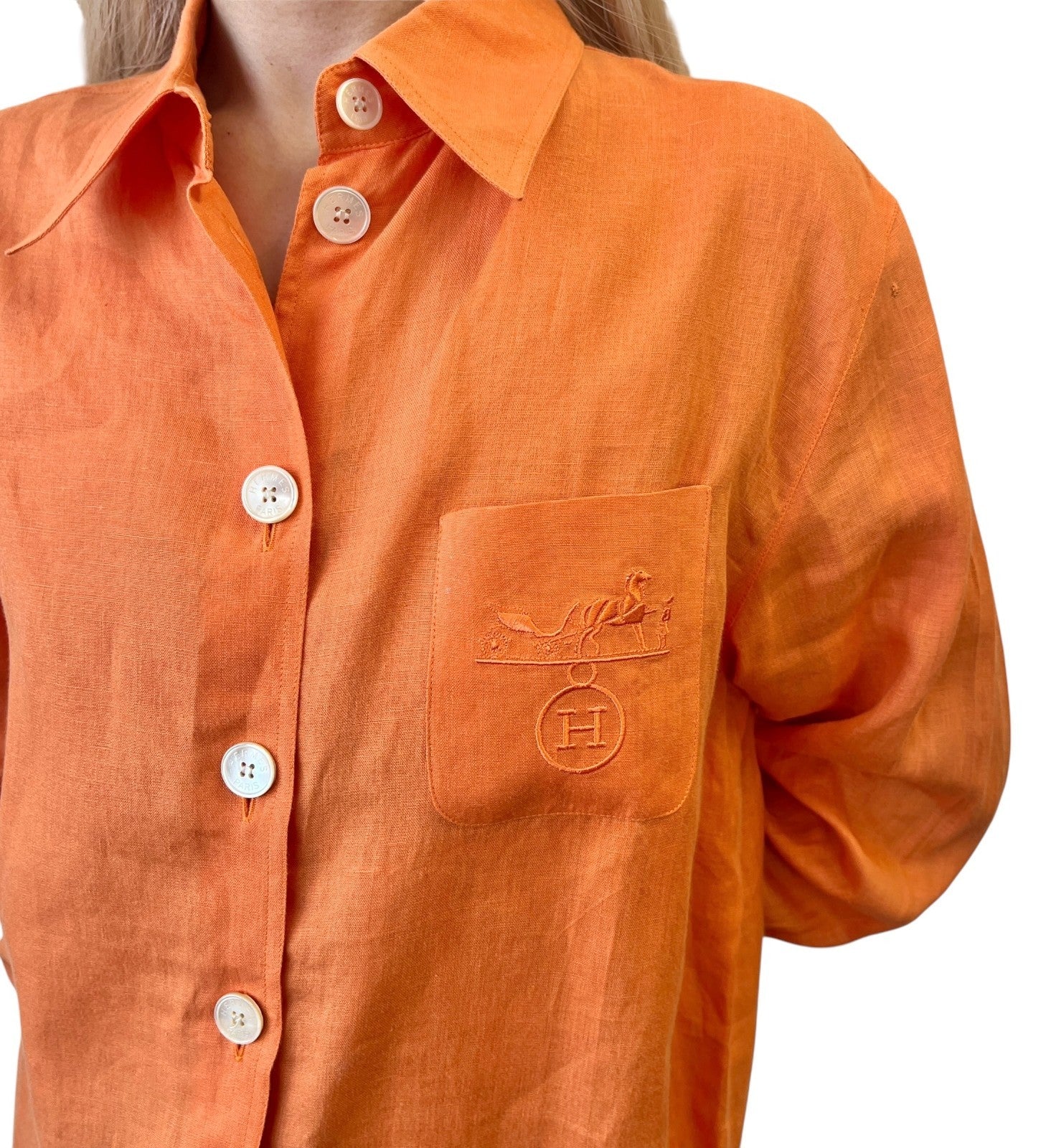 HERMES Vintage H Logo Horse Carriage Embroidery Shirt #36 Orange Linen Button