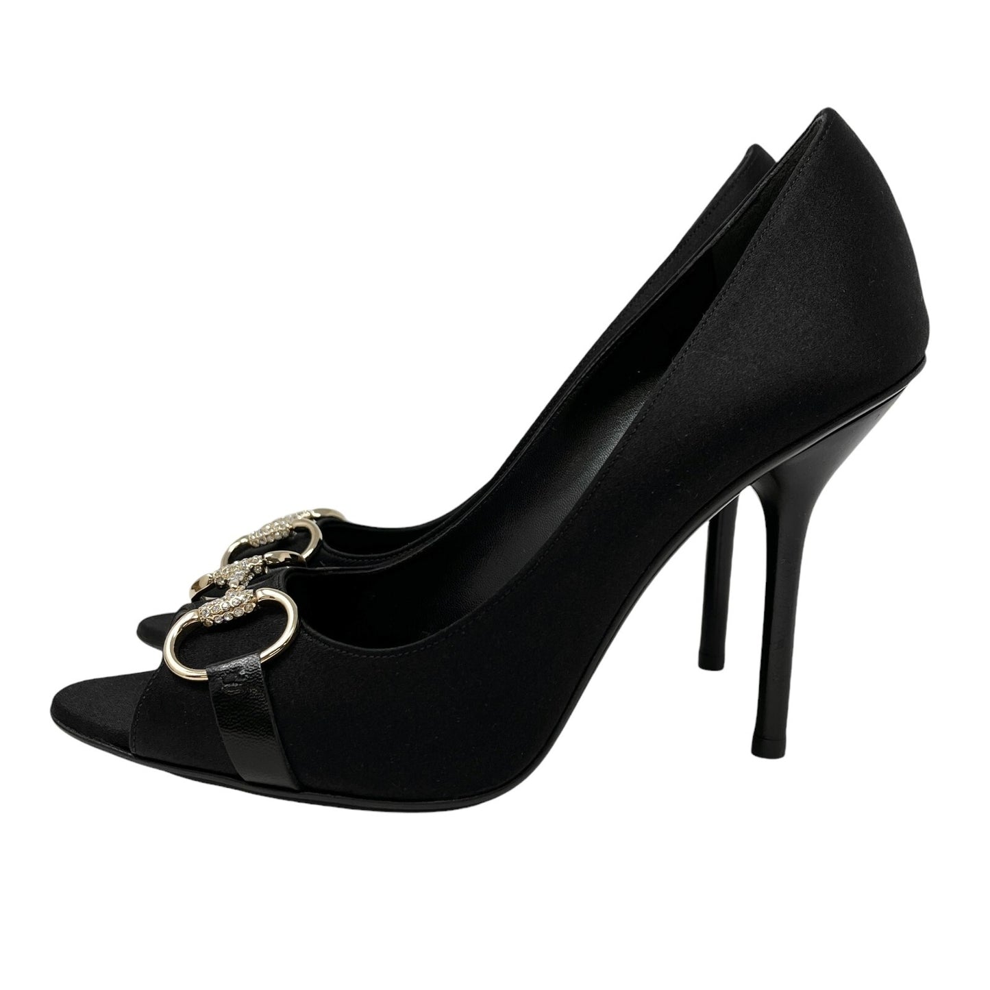 GUCCI Vintage Logo Horsebit Heels #38.5 US 8.5 Black Rhinestone Satin Rank AB+